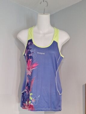 Desigual Blue Floral Racerback Tank with Lime Accents